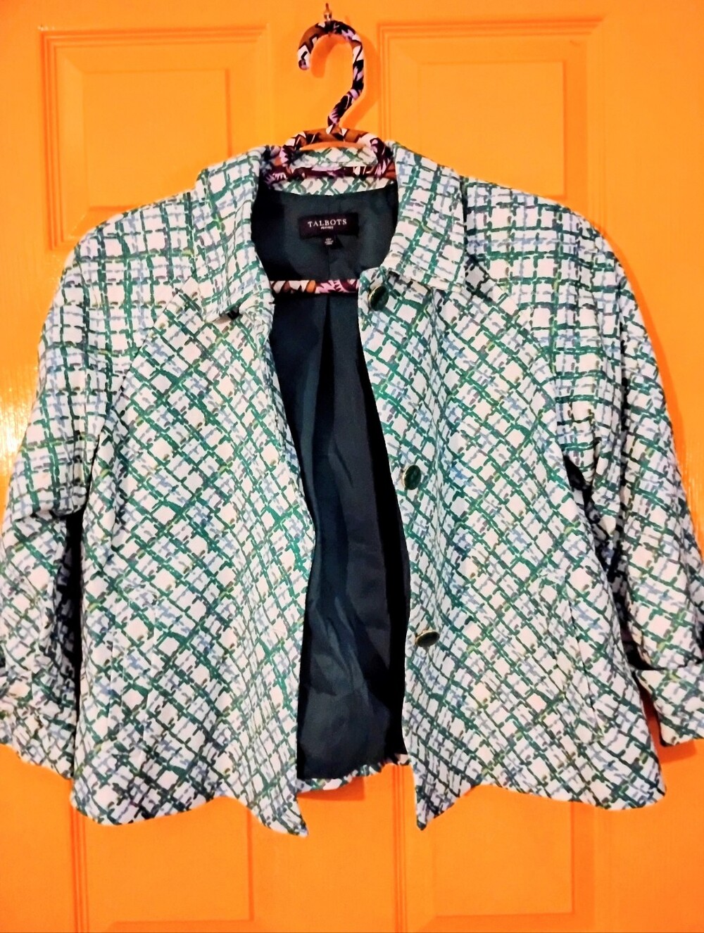 Talbots Petites 12P Green and White Plaid Cropped Blazer